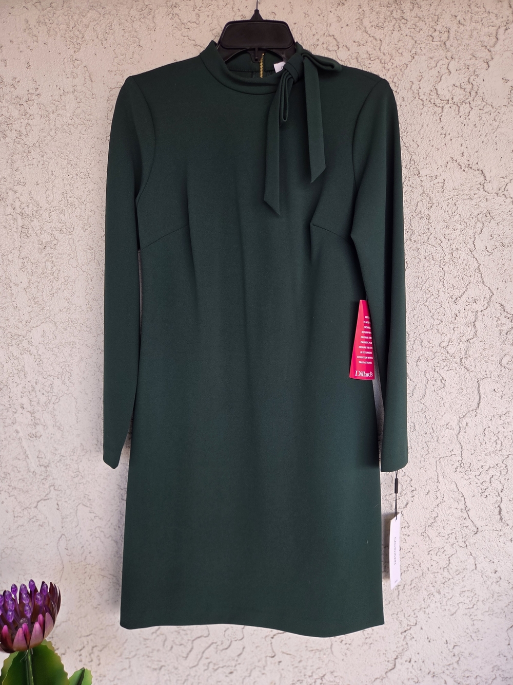 Calvin Klein Dark Green Long-Sleeve Tie-Neck Shift Dress